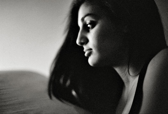 black & white portrait of a young girl's profile